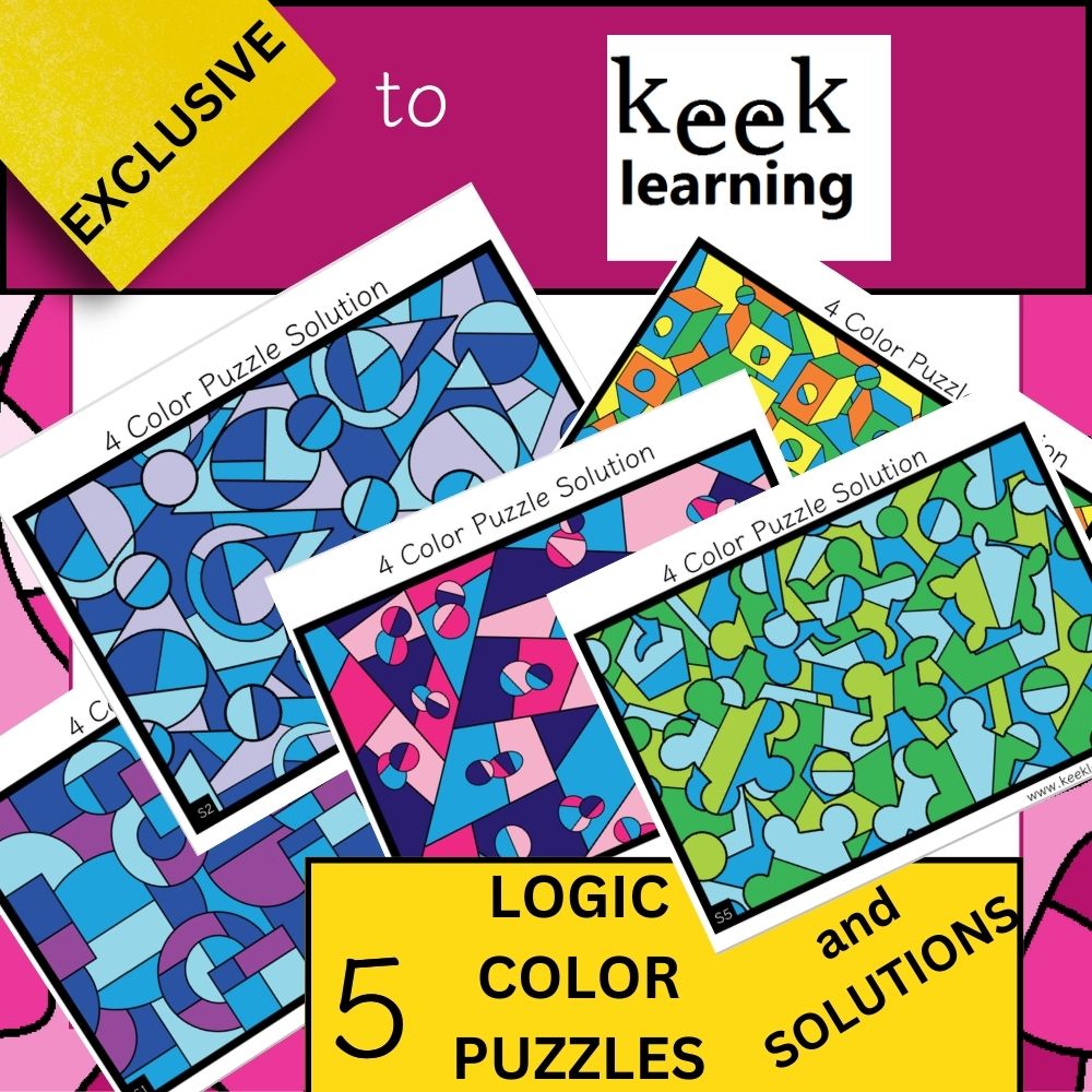 The image shows five overlapping solved  logic color puzzles. The accompanying text states: Exclusive to KEEK Learning and 5 Logic Color Puzzles and Solutions.